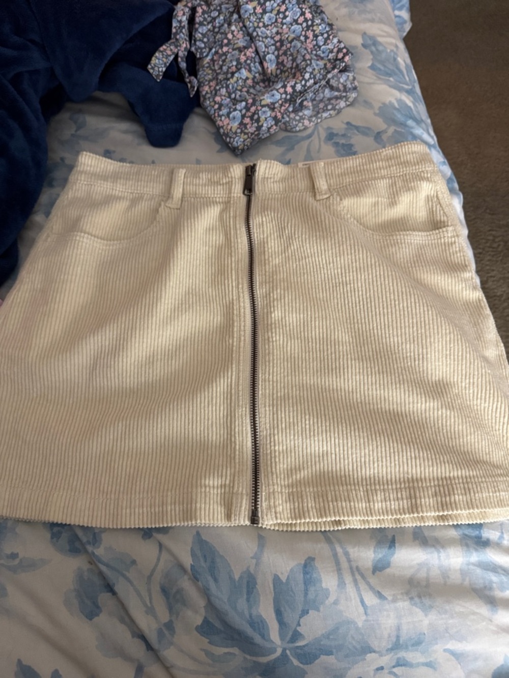 American Eagle Outfitters Cream Corduroy Front-Zip Mini Skirt